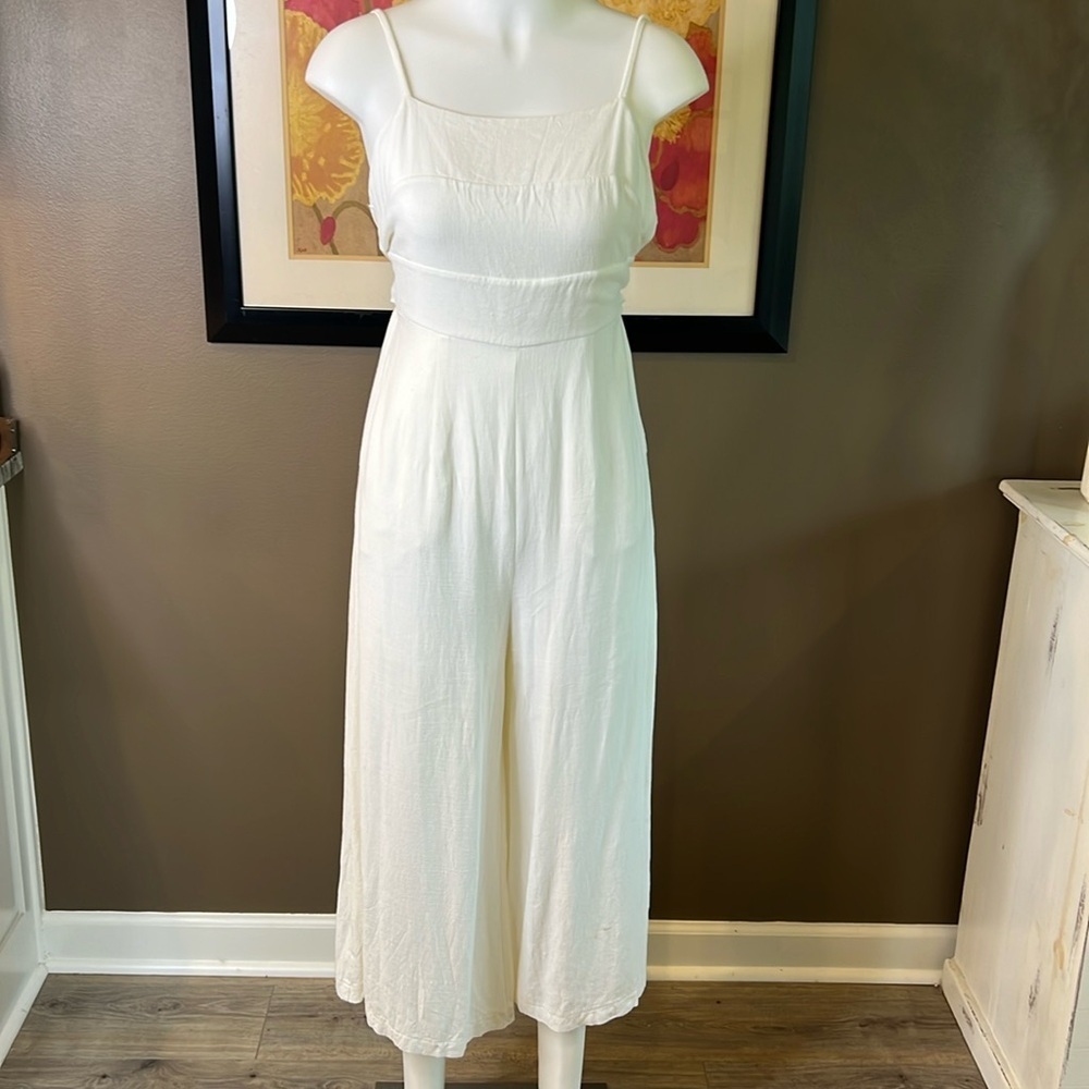 Wide Leg Cropped Linen Blend Halter Tie Jumpsuit White Size Small